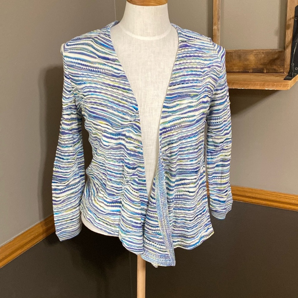 Chico’s open front pastel striped cardigan sweater 3/4 sleeve size Small